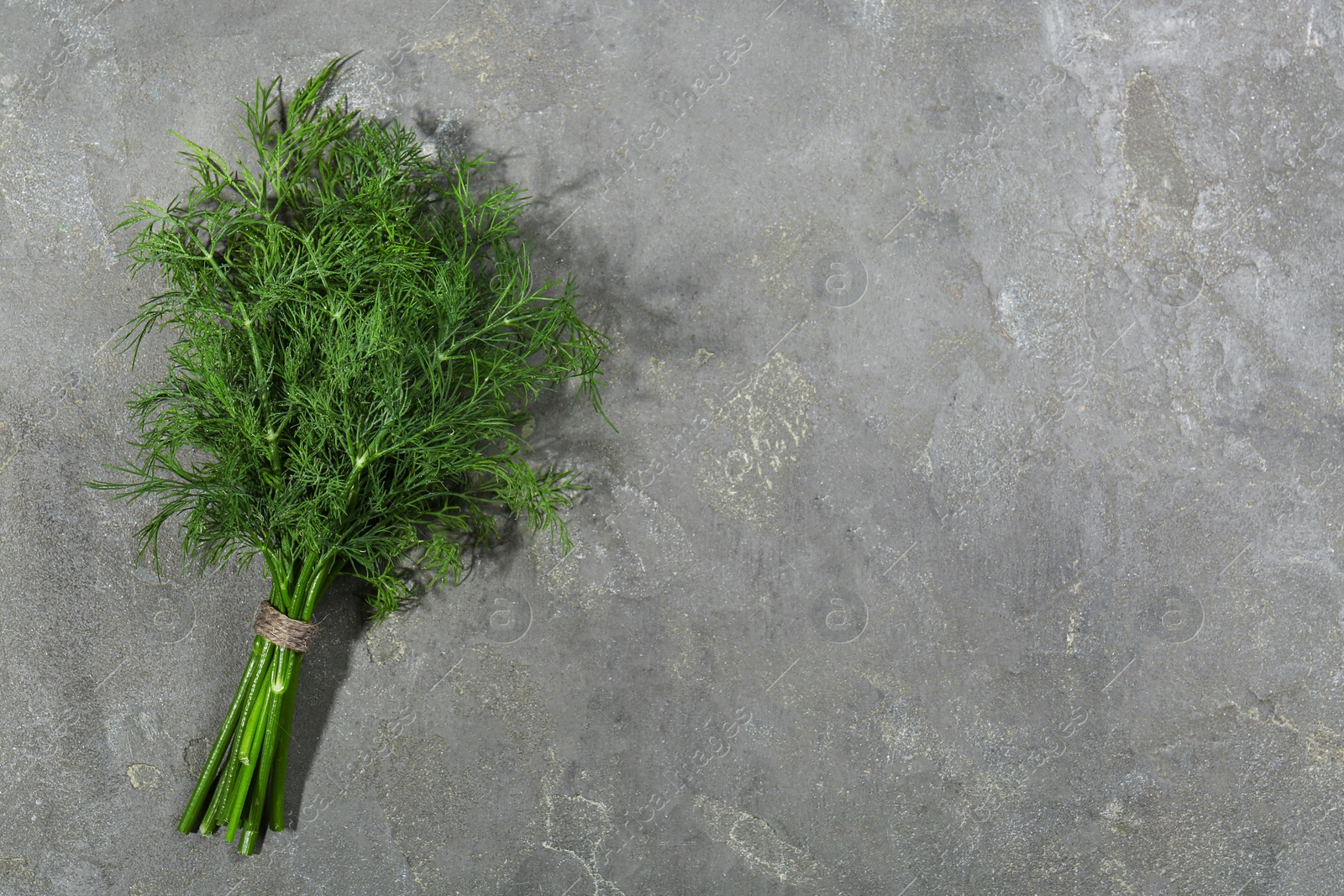 Photo of Bunch of fresh dill on grey table, top view. Space for text