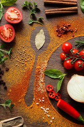 Silhouettes of plate with spoon made of spices and different ingredients on wooden table, flat lay