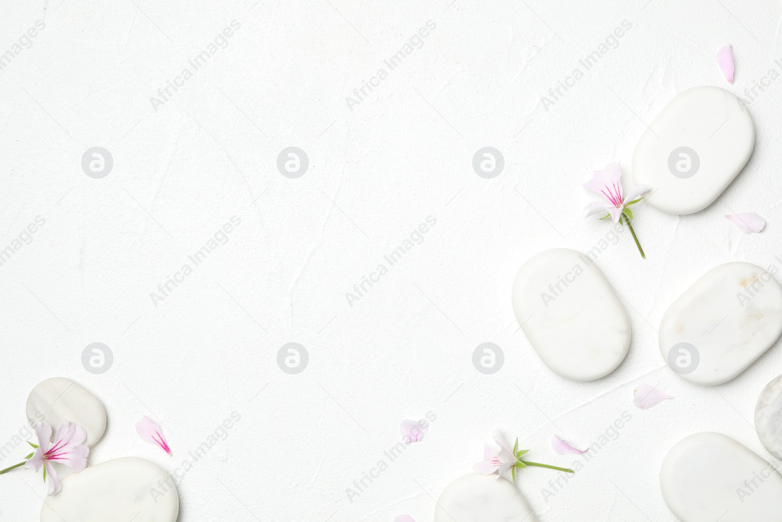 Photo of Spa stones and fresia flowers on white table, flat lay. Space for text