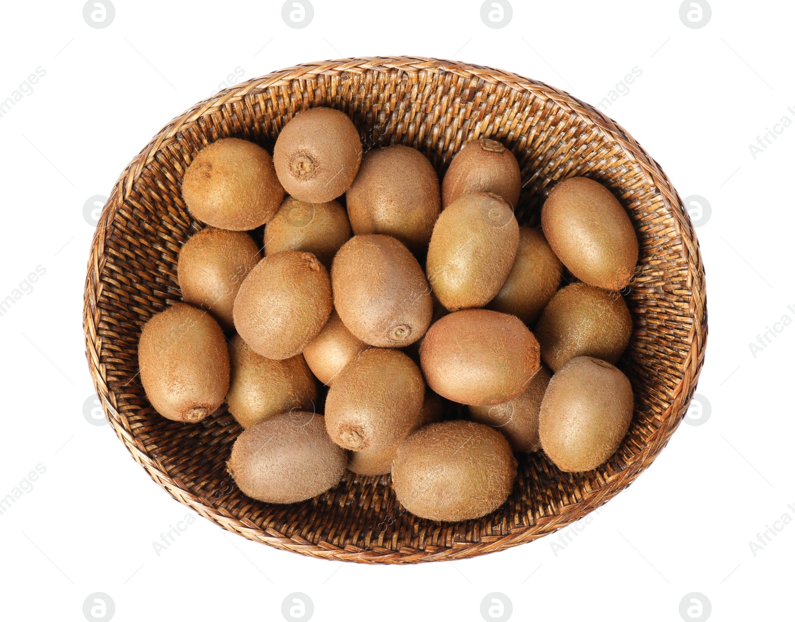 Photo of Whole fresh kiwis in wicker bowl isolated on white, top view