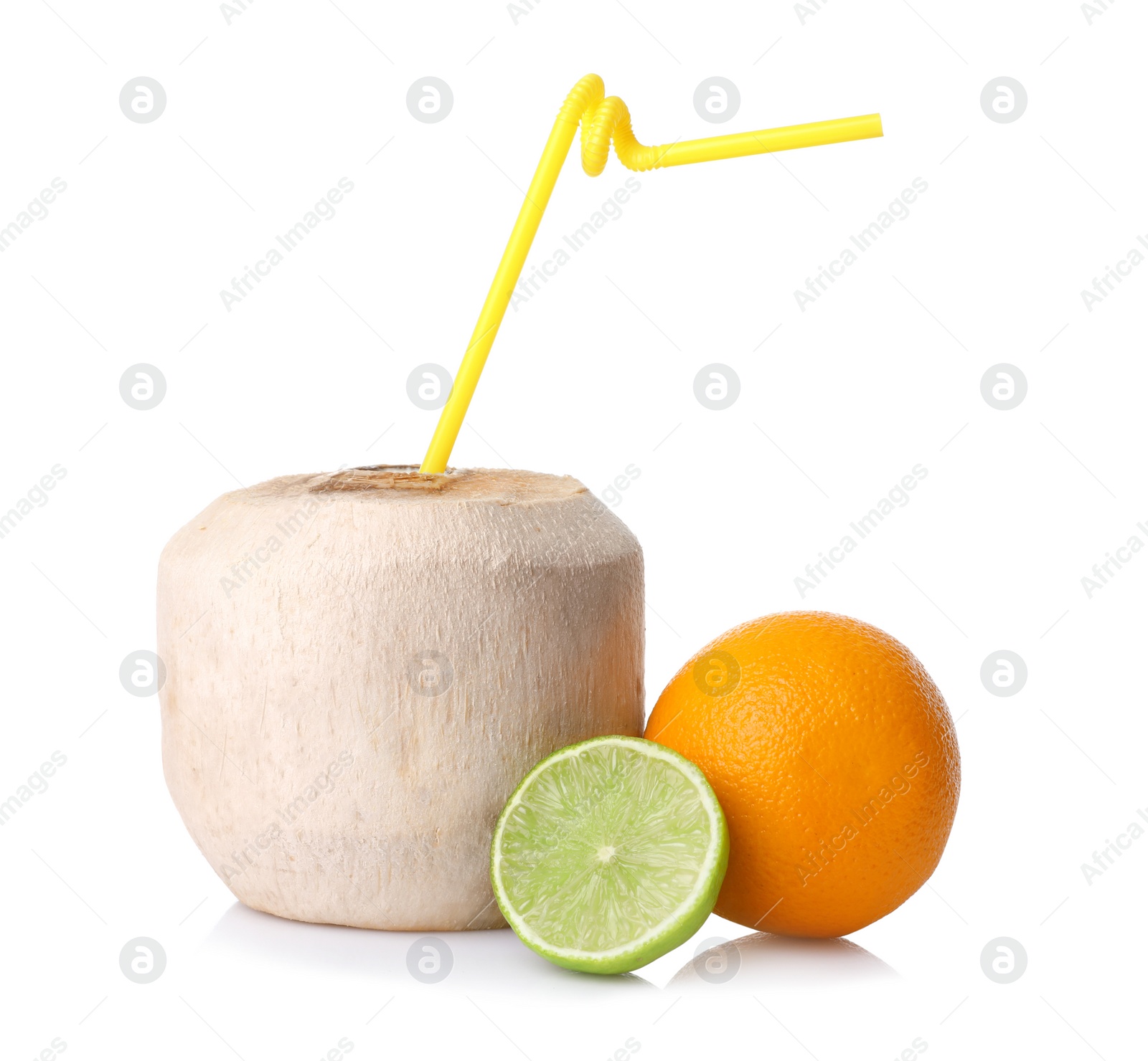 Photo of Peeled coconut with lime and orange on white background