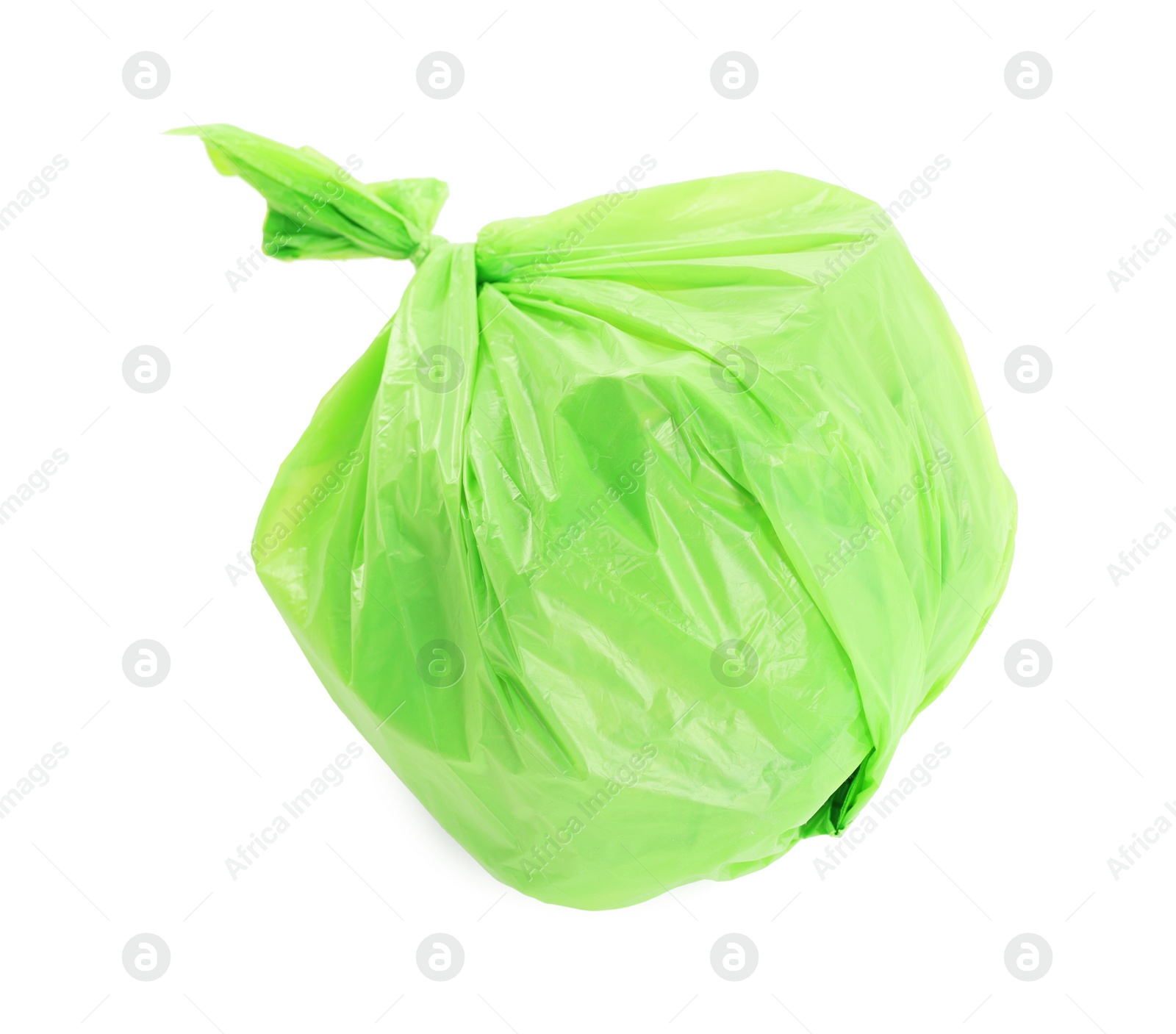 Photo of Green plastic garbage bag isolated on white