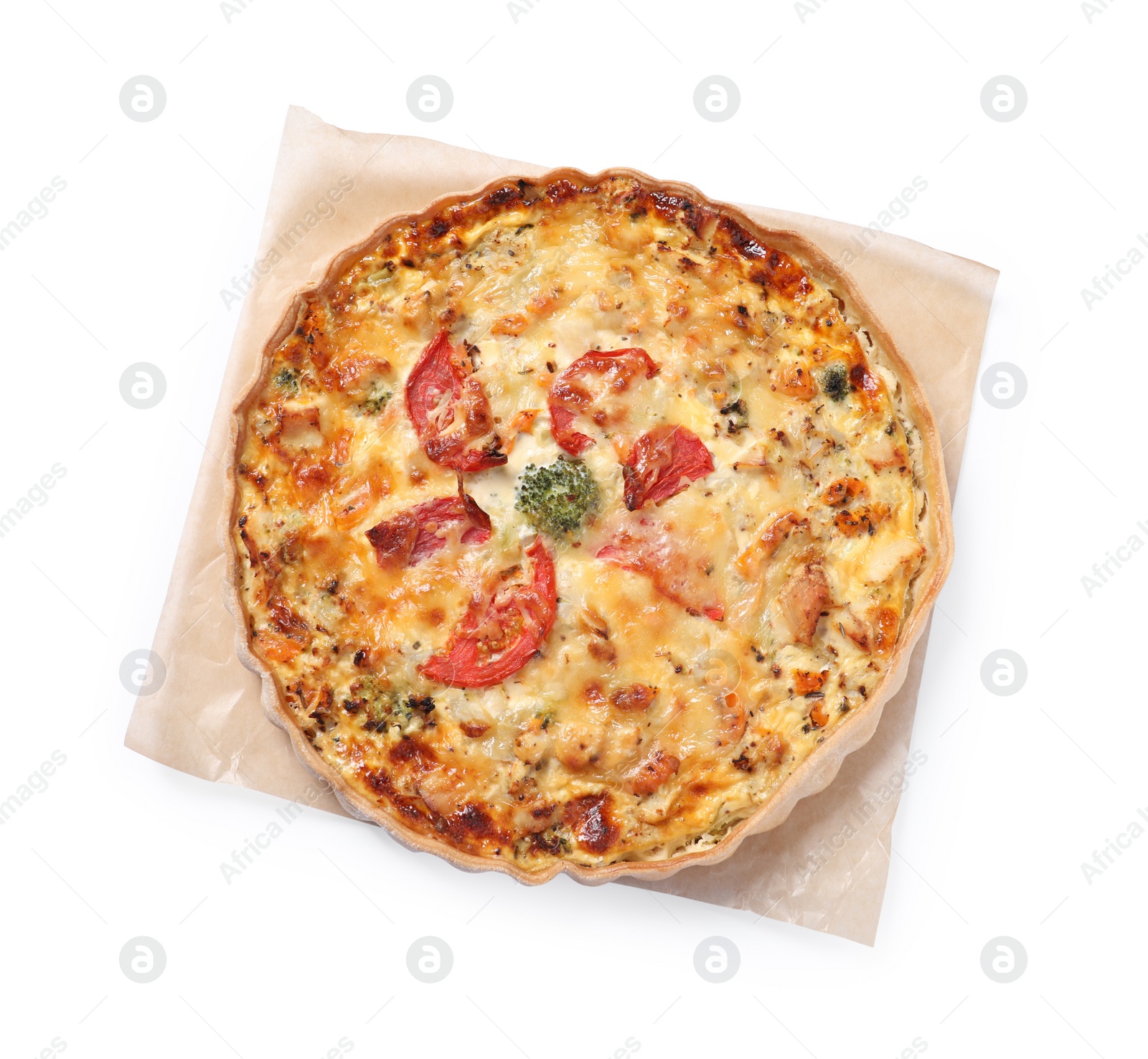 Photo of Tasty quiche with cheese and tomatoes isolated on white, top view