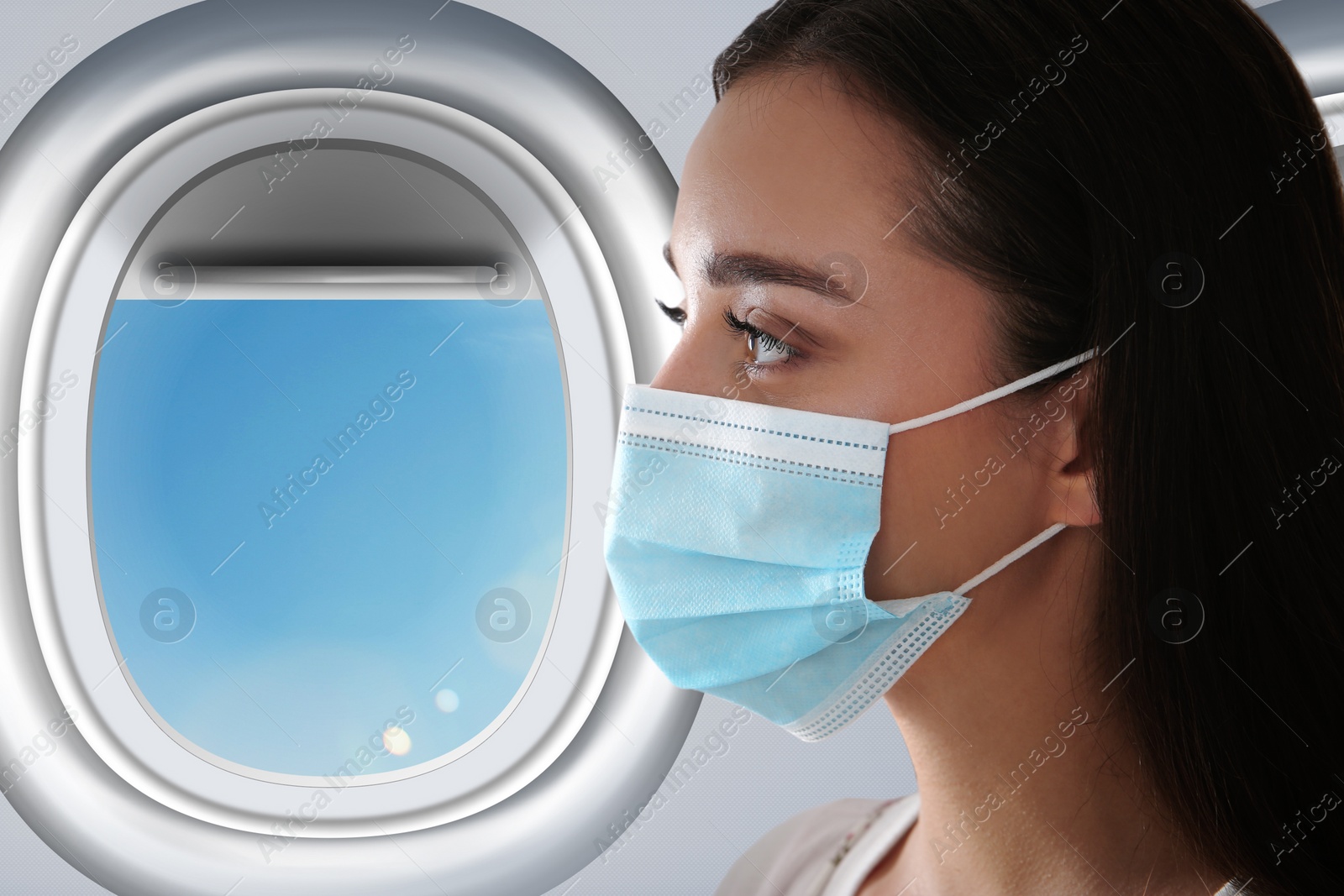 Image of Traveling by airplane during coronavirus pandemic. Woman with face mask near porthole