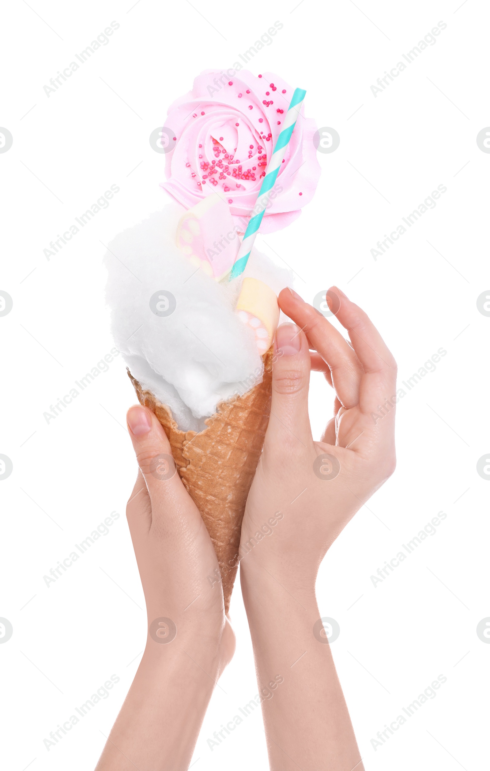 Photo of Young woman holding tasty dessert on white background, closeup view of hands