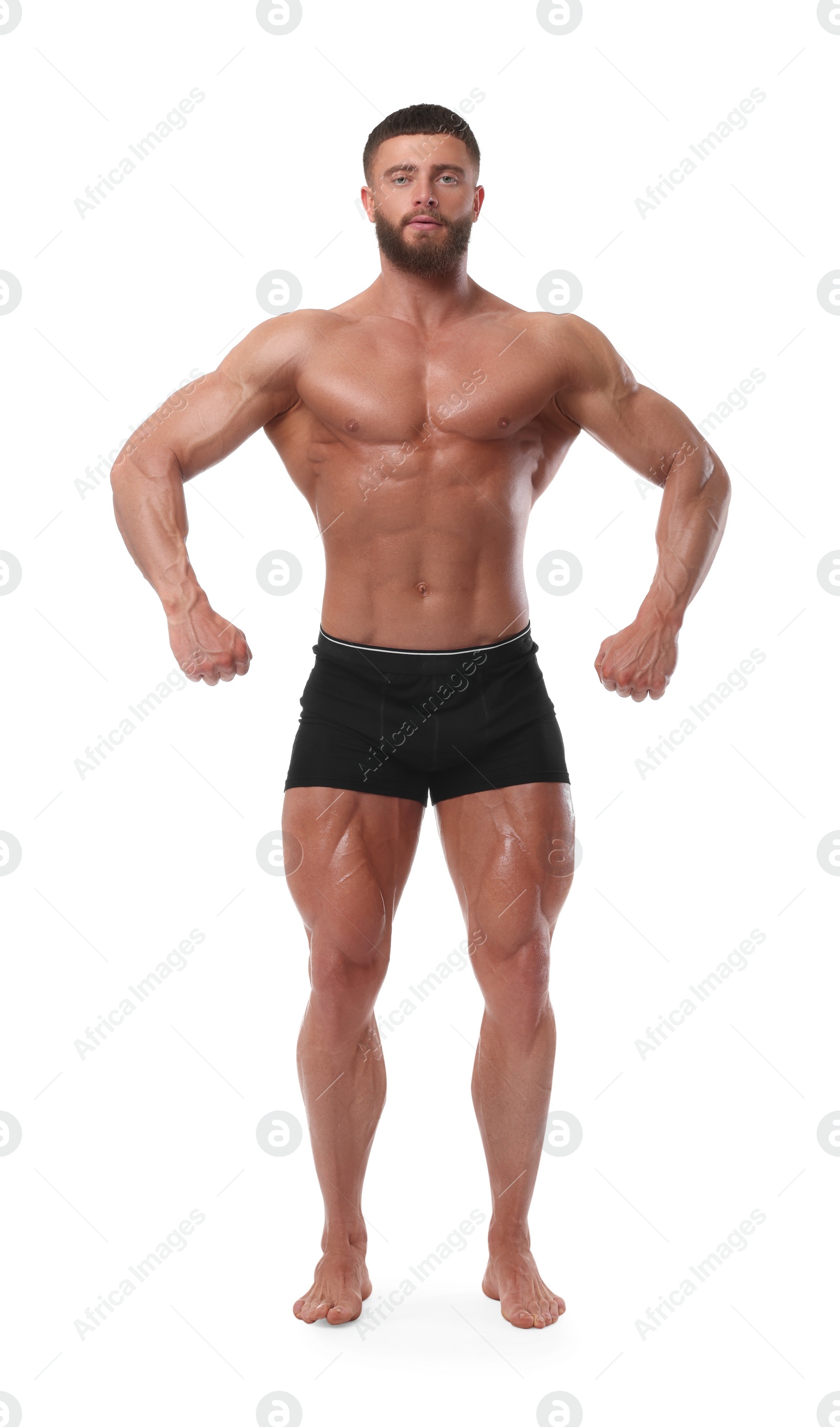 Photo of Young bodybuilder with muscular body on white background