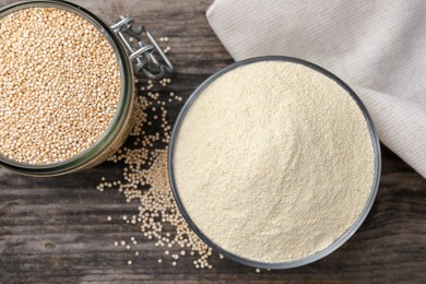 Photo of Bowl with quinoa flour and seeds in jar, flat lay