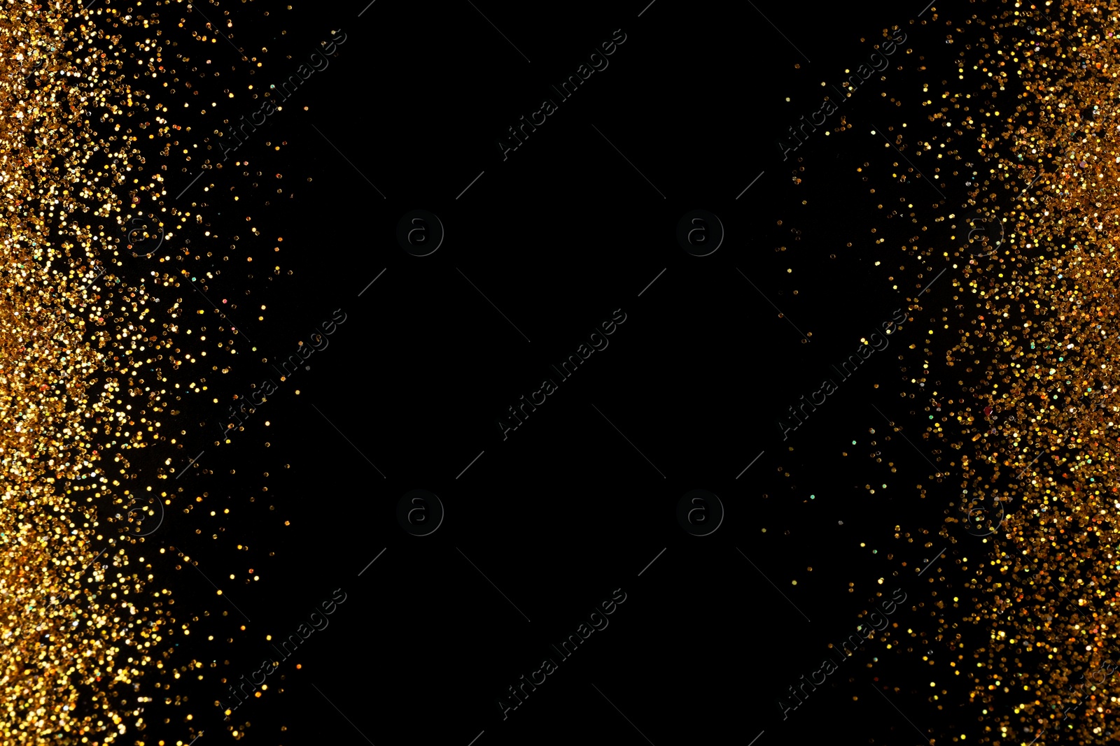 Photo of Frame made of gold glitter on black background, top view with space for text
