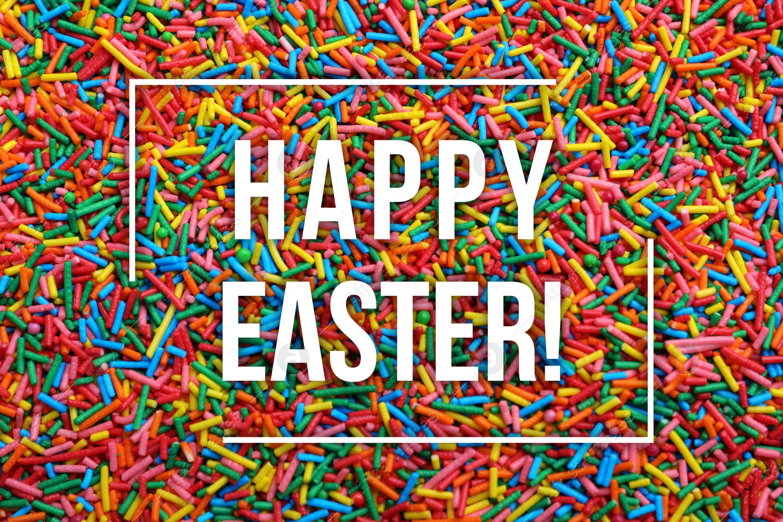 Image of Text Happy Easter and bright colorful sprinkles as background, top view. Confectionery decor