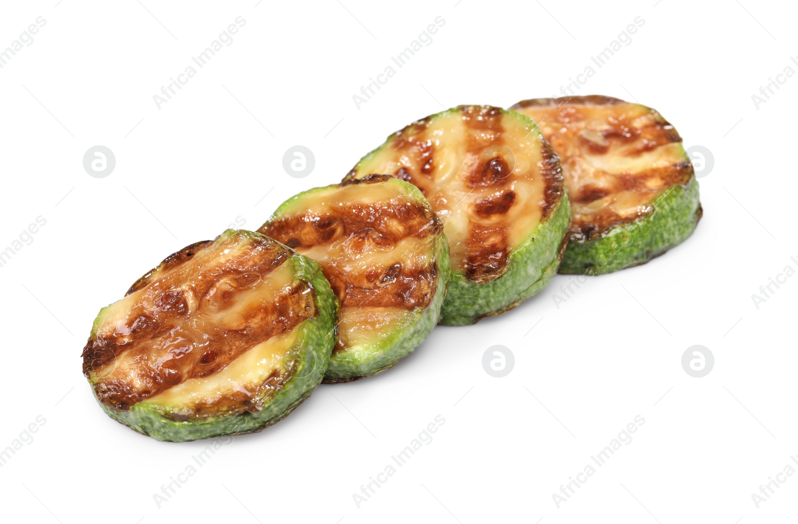 Photo of Slices of delicious grilled zucchini isolated on white