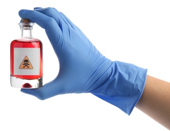 Photo of Woman in gloves holding glass bottle of poison with warning sign isolated on white, closeup