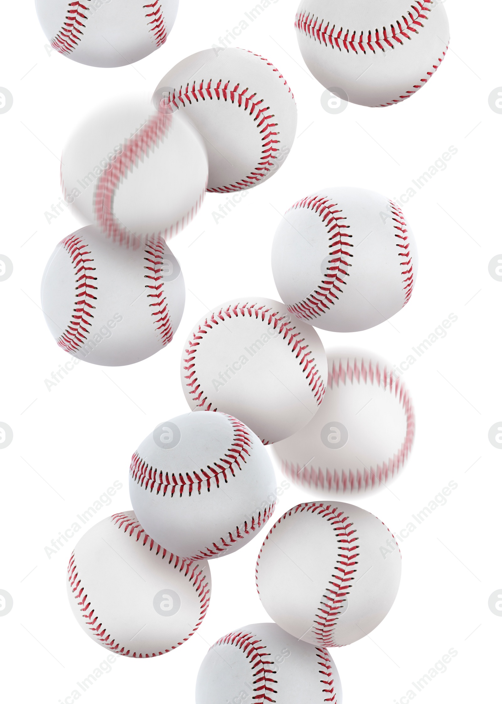 Image of Many baseball balls falling on white background