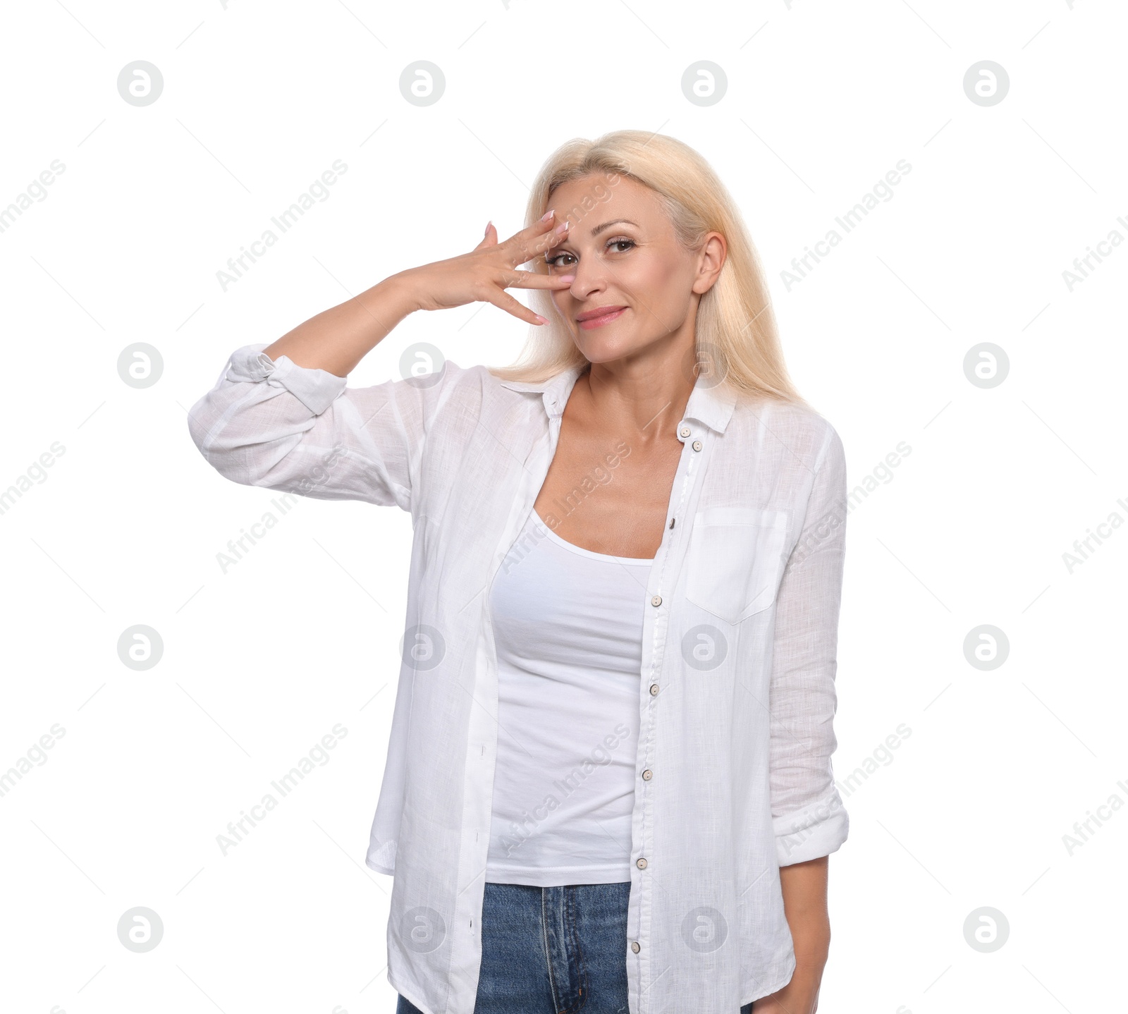 Photo of Embarrassed woman in shirt on white background