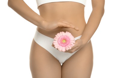 Photo of Gynecology. Woman in underwear with gerbera flower on white background, closeup