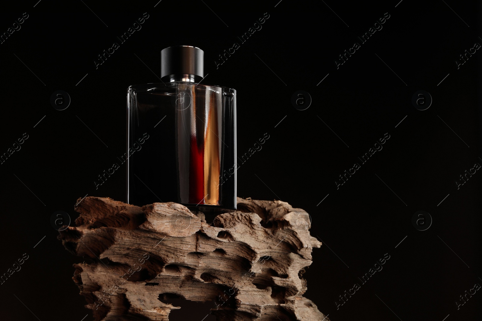 Photo of Luxury men`s perfume in bottle against dark background, space for text