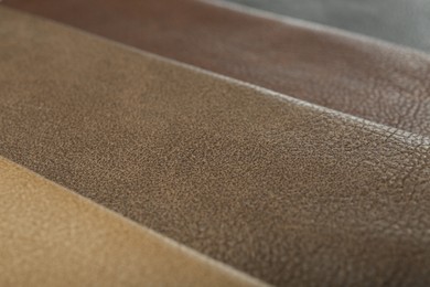 Different natural types of leather as background, closeup view