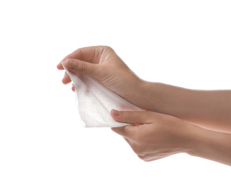 Photo of Woman holding wet wipe on white background, closeup