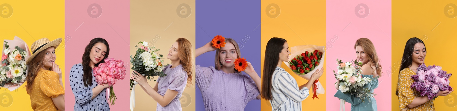 Image of Charming ladies with beautiful flowers on different colors backgrounds, collage. 8 March - Happy Women's Day