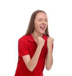 Photo of Emotional sports fan celebrating on white background