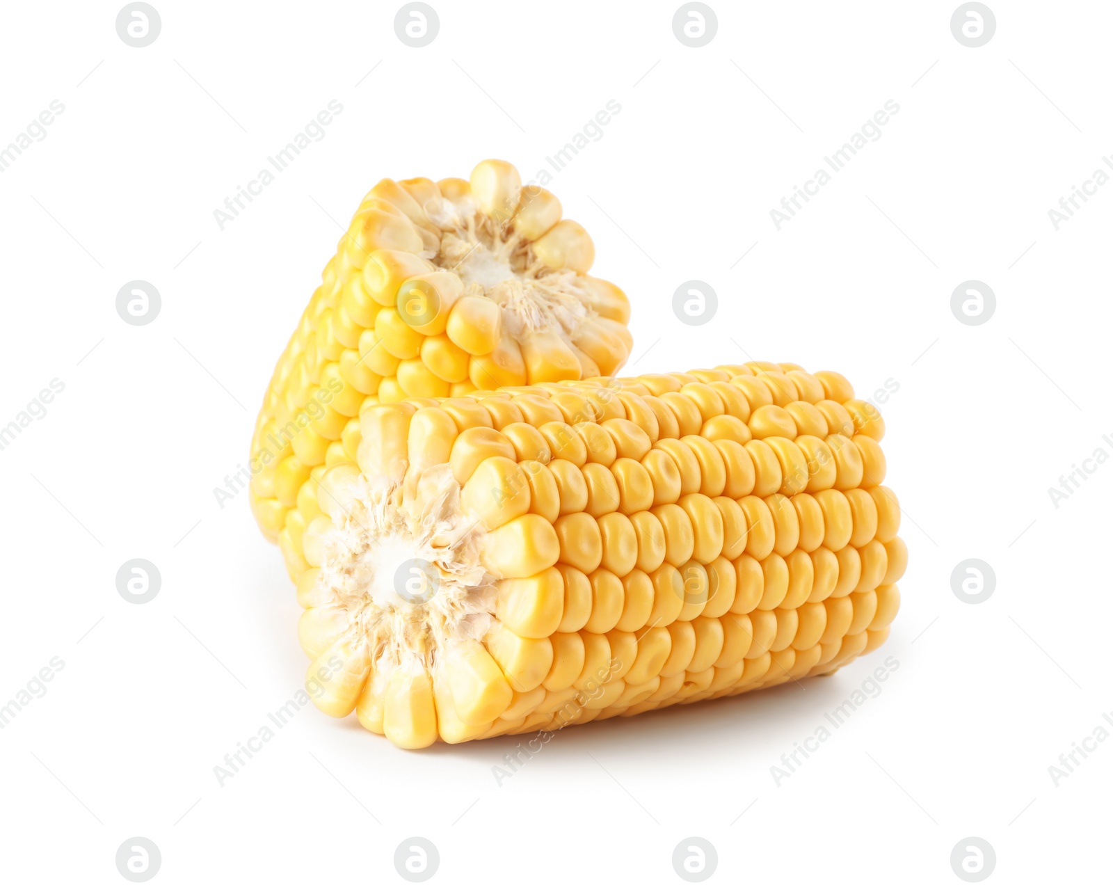 Photo of Pieces of ripe raw corn cob on white background