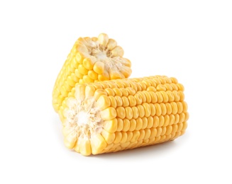 Photo of Pieces of ripe raw corn cob on white background