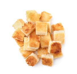 Photo of Delicious crispy croutons on white background, top view