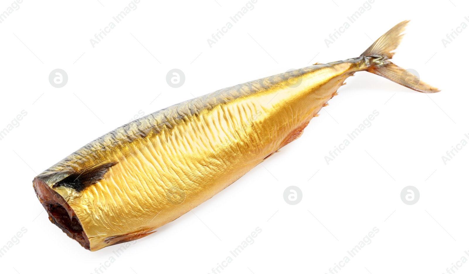 Photo of Tasty smoked fish isolated on white. Delicious seafood