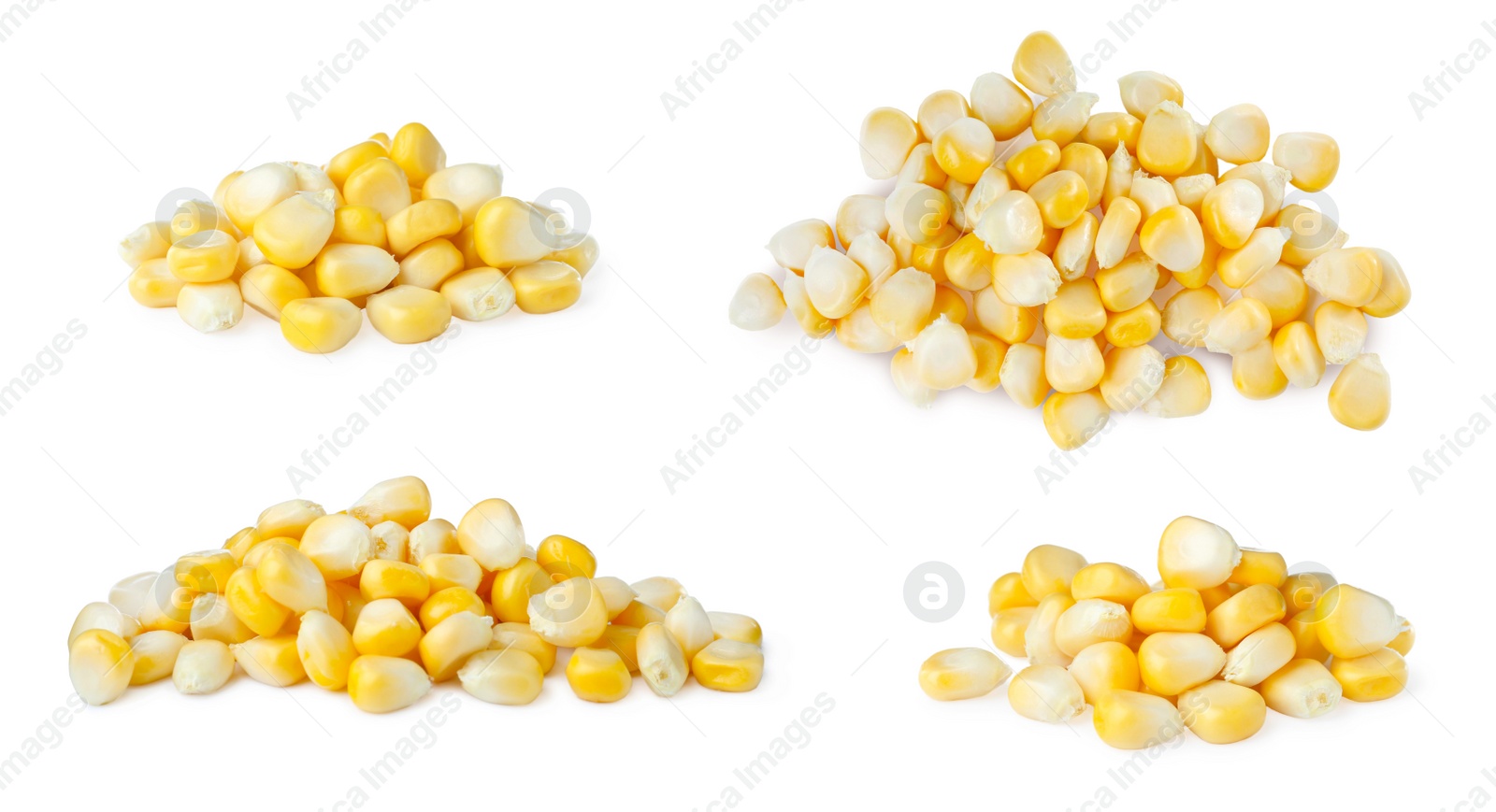 Image of Set with tasty corn kernels on white background