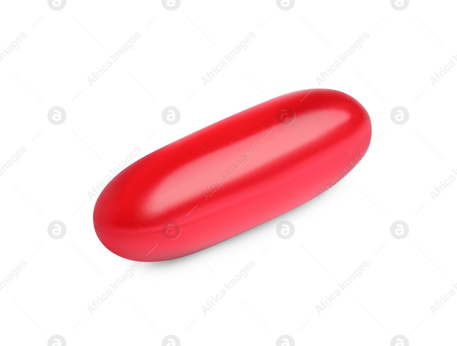 Photo of One red pill isolated on white. Medicinal treatment