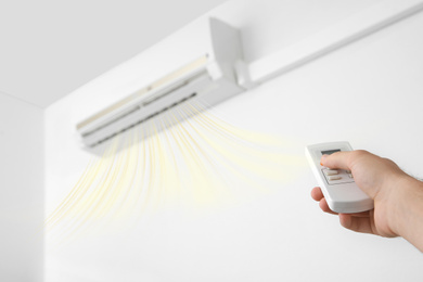 Image of Woman operating air conditioner with remote control indoors, closeup 