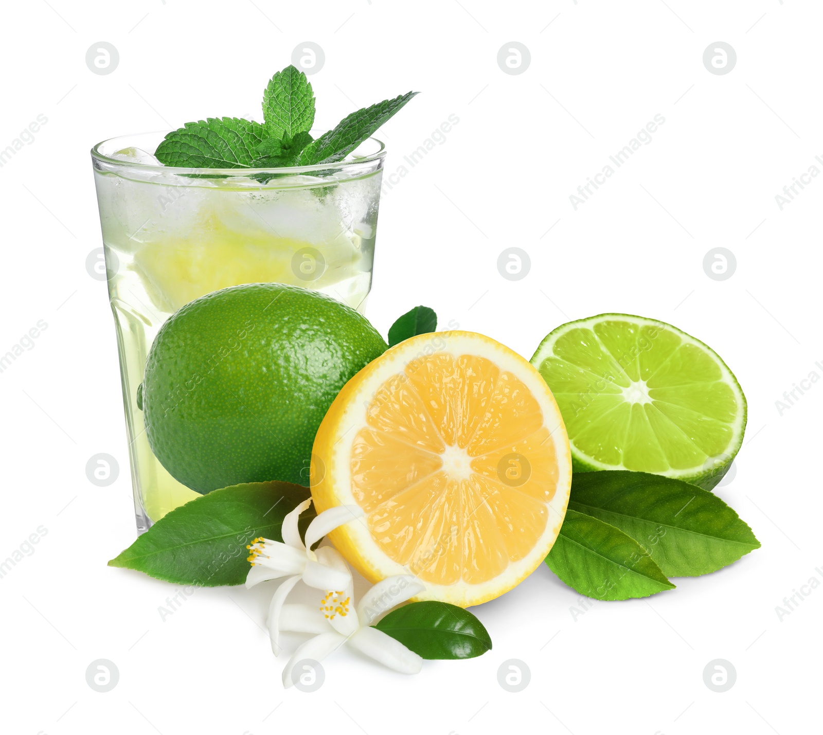 Image of Glass with tasty lemonade, fresh ripe citrus fruits and mint on white background