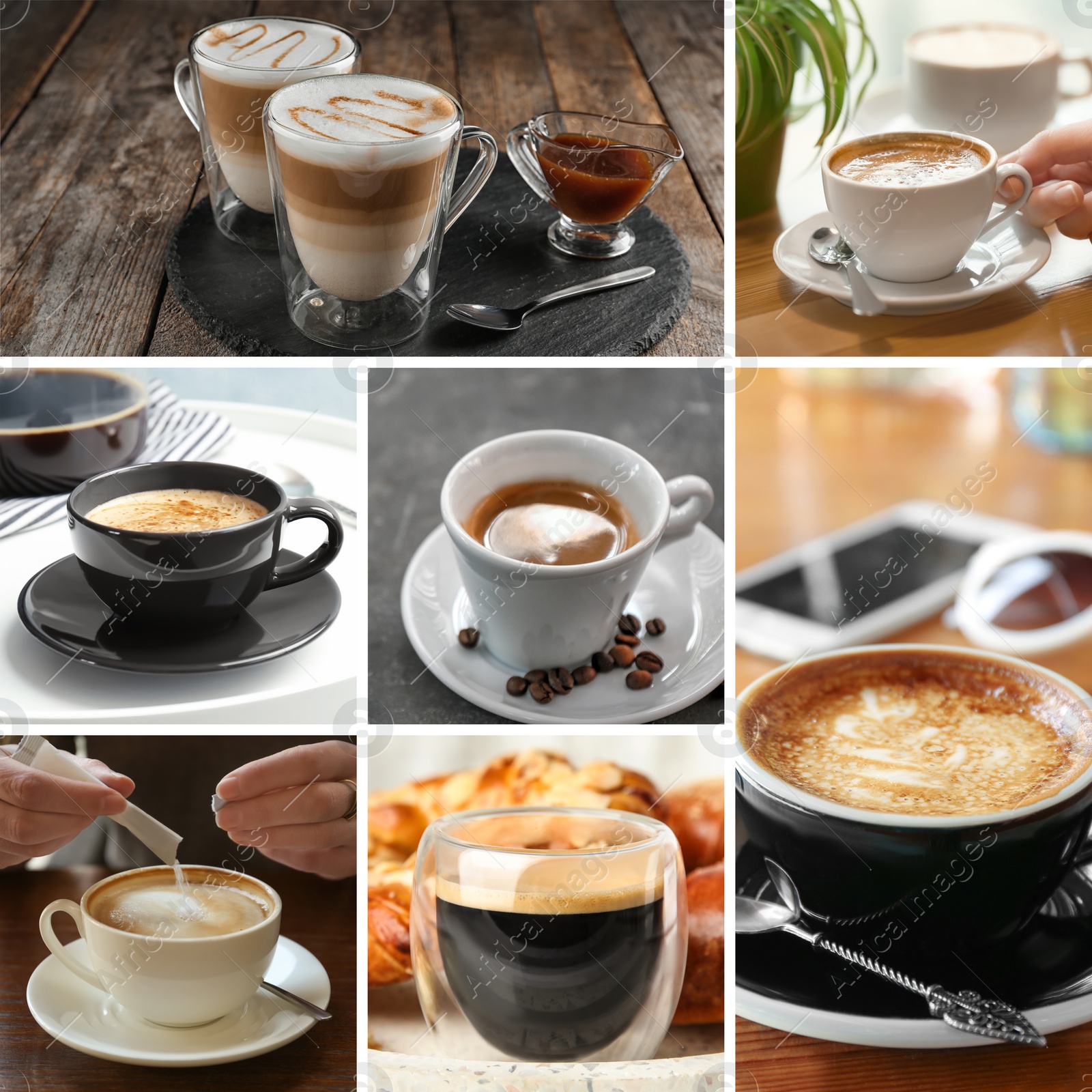 Image of Beautiful collage with different photos of aromatic coffee