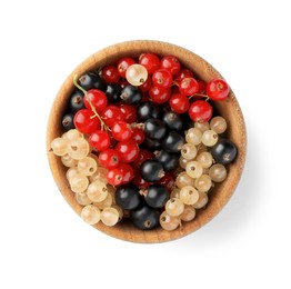 Photo of Bowl with fresh red, white and black currants isolated on white, top view