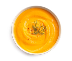 Photo of Delicious pumpkin cream soup in bowl on white background, top view