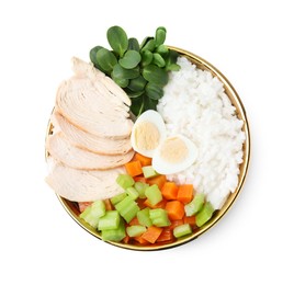 Delicious poke bowl with meat, egg, rice and vegetables isolated on white, top view