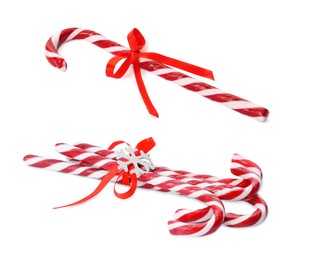 Yummy sweet Christmas candy canes on white background, collage 