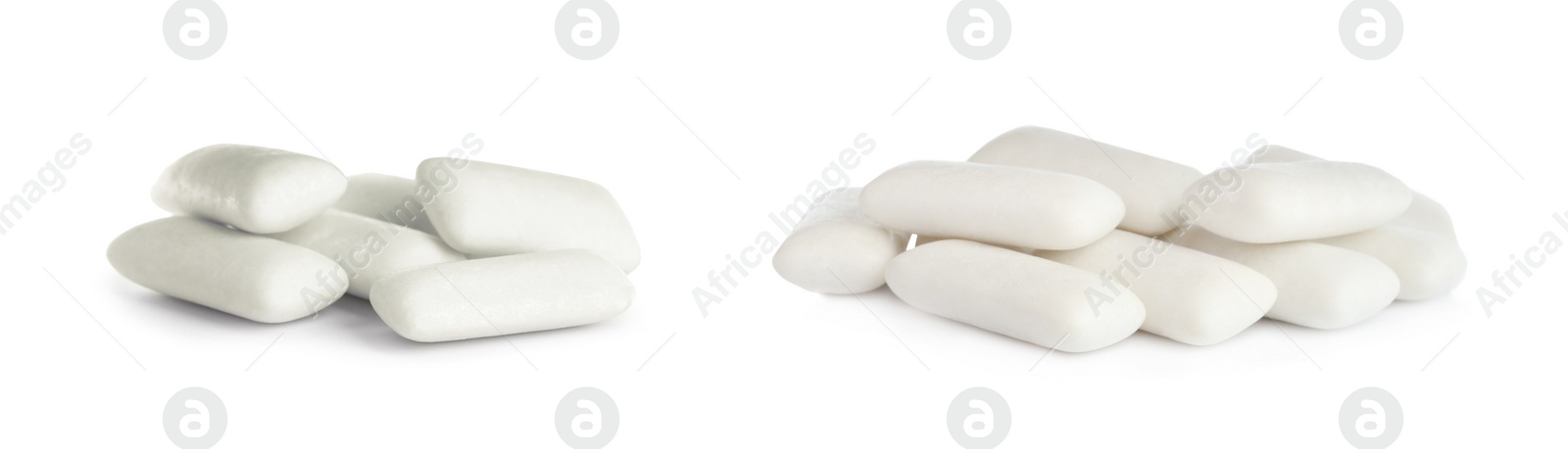 Image of Pieces of chewing gum on white background, collage. Banner design