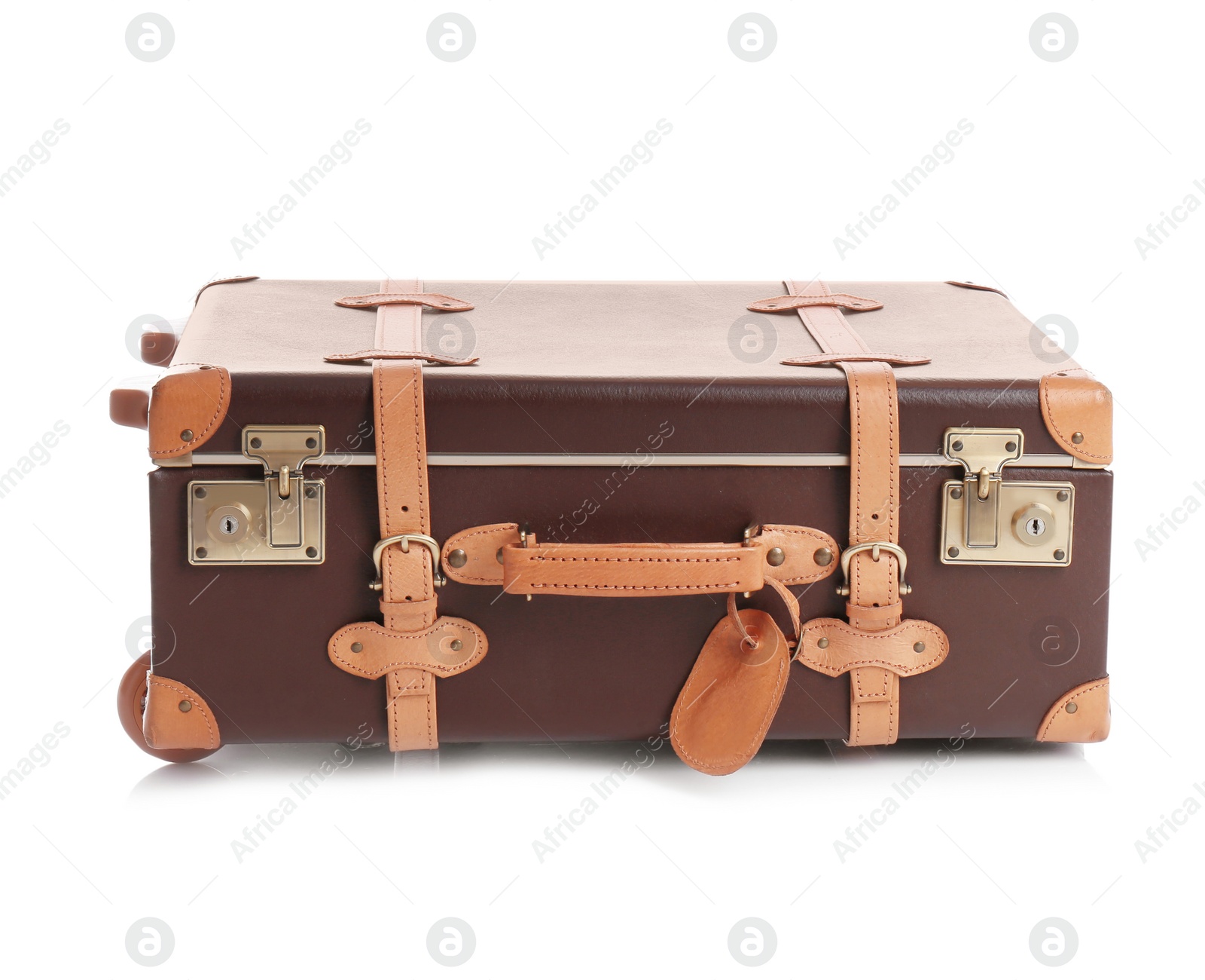 Photo of Fashionable brown suitcase on white background