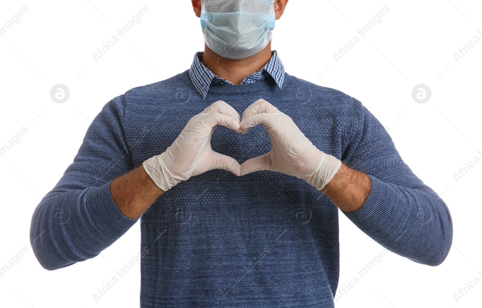 Photo of Man in protective face mask and medical gloves making heart with hands on white background, closeup