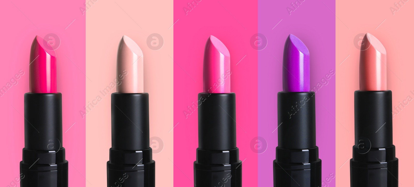 Image of Set with beautiful lipsticks on different color backgrounds. Banner design