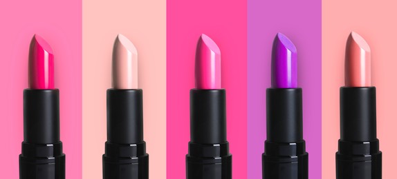 Image of Set with beautiful lipsticks on different color backgrounds. Banner design