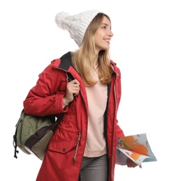 Photo of Woman with map and backpack on white background. Winter travel