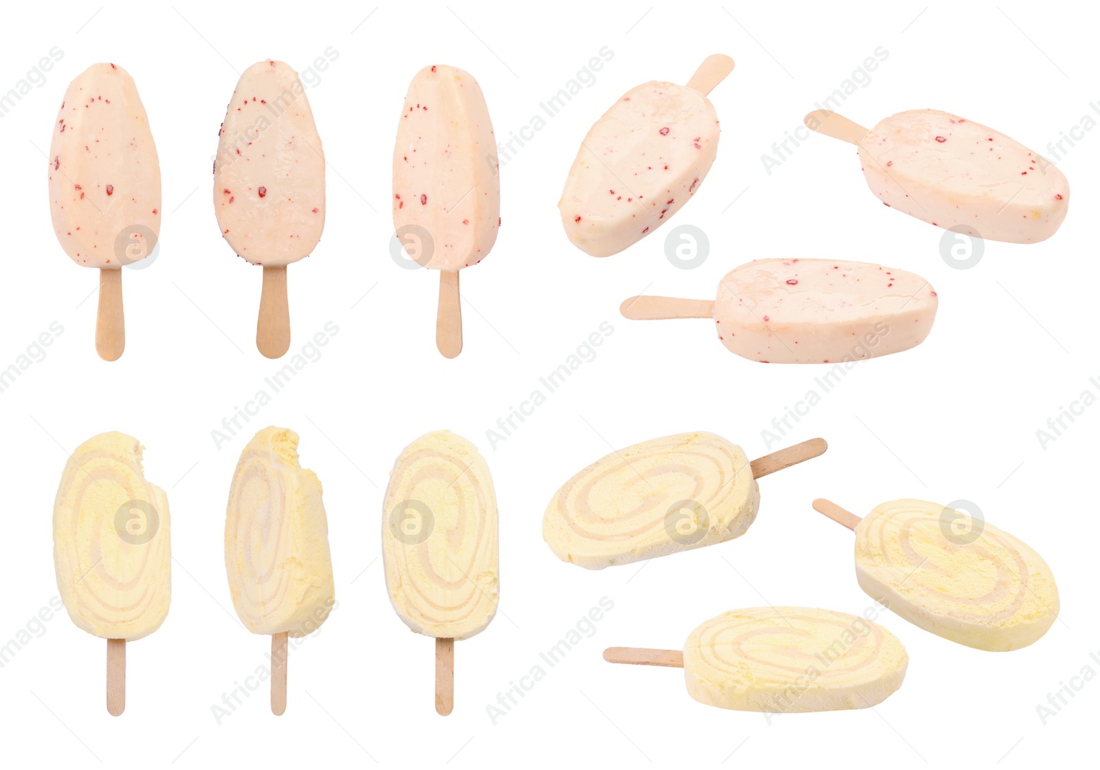 Image of Collage with ice creams isolated on white, different sides