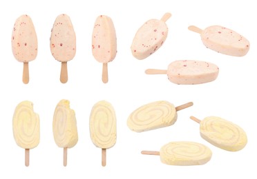 Collage with ice creams isolated on white, different sides