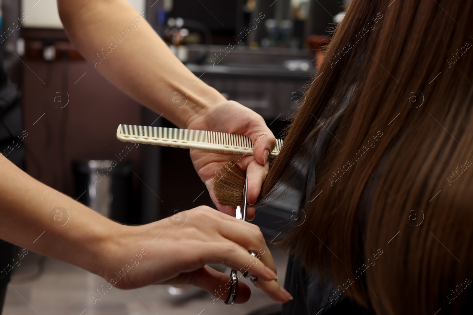 Photo of Professional hairdresser cutting woman's hair in salon, closeup