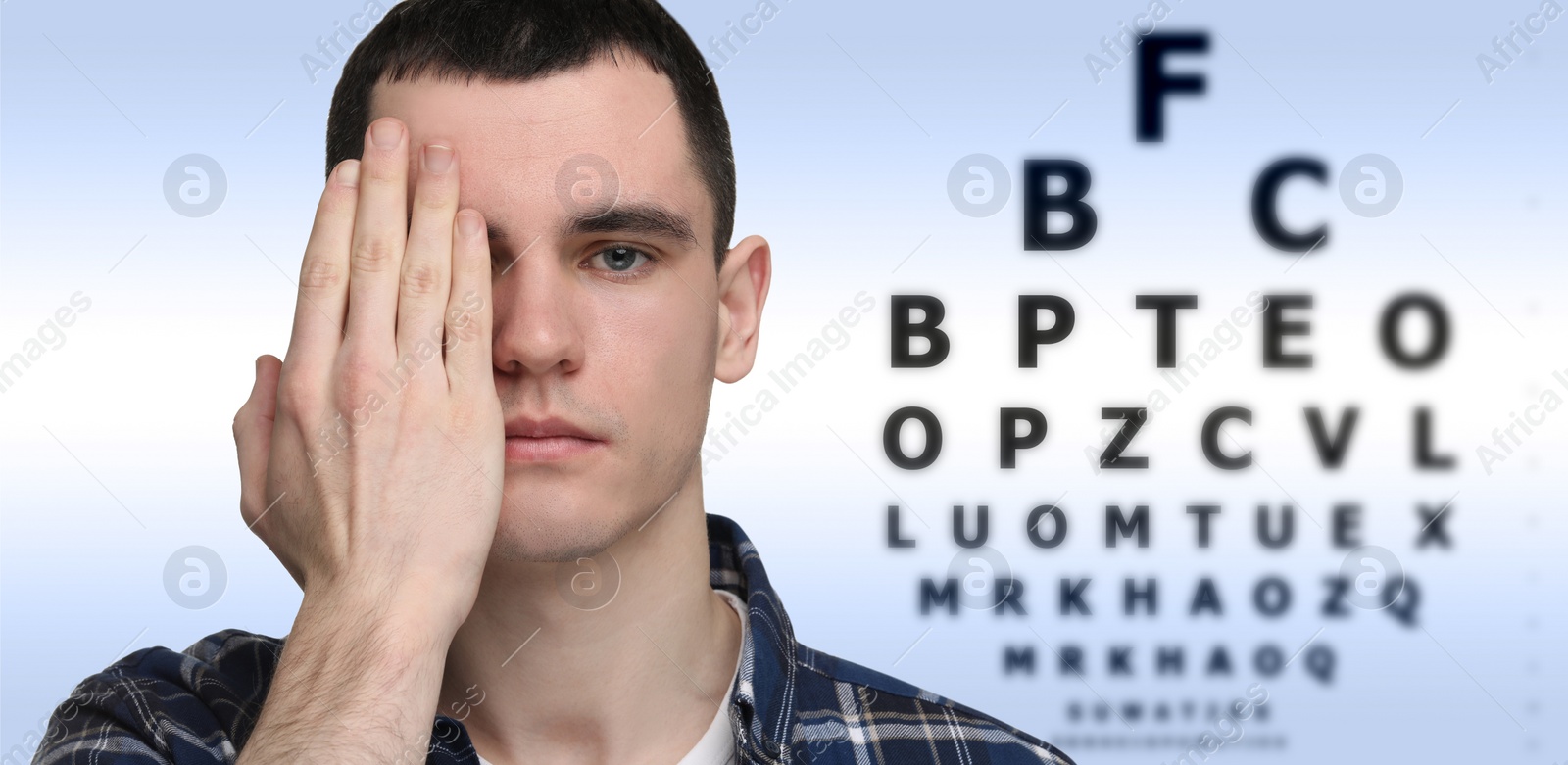 Image of Vision test. Young man and eye chart on gradient background. Banner design