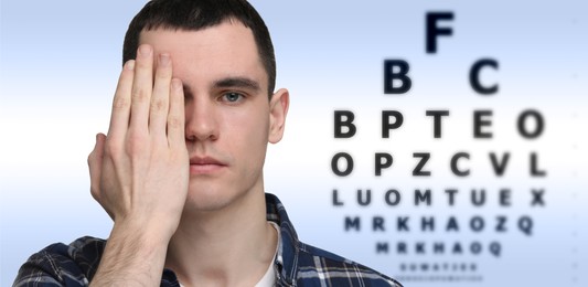 Image of Vision test. Young man and eye chart on gradient background. Banner design