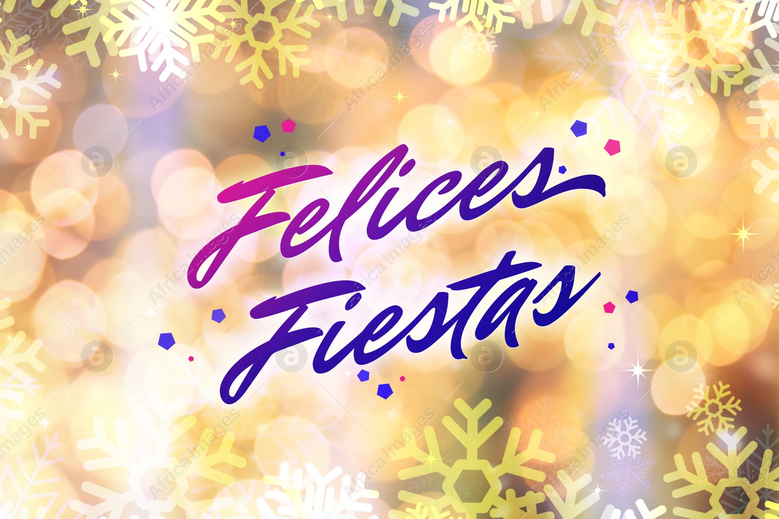 Illustration of Felices Fiestas. Festive greeting card with happy holiday's wishes in Spanish on bright background