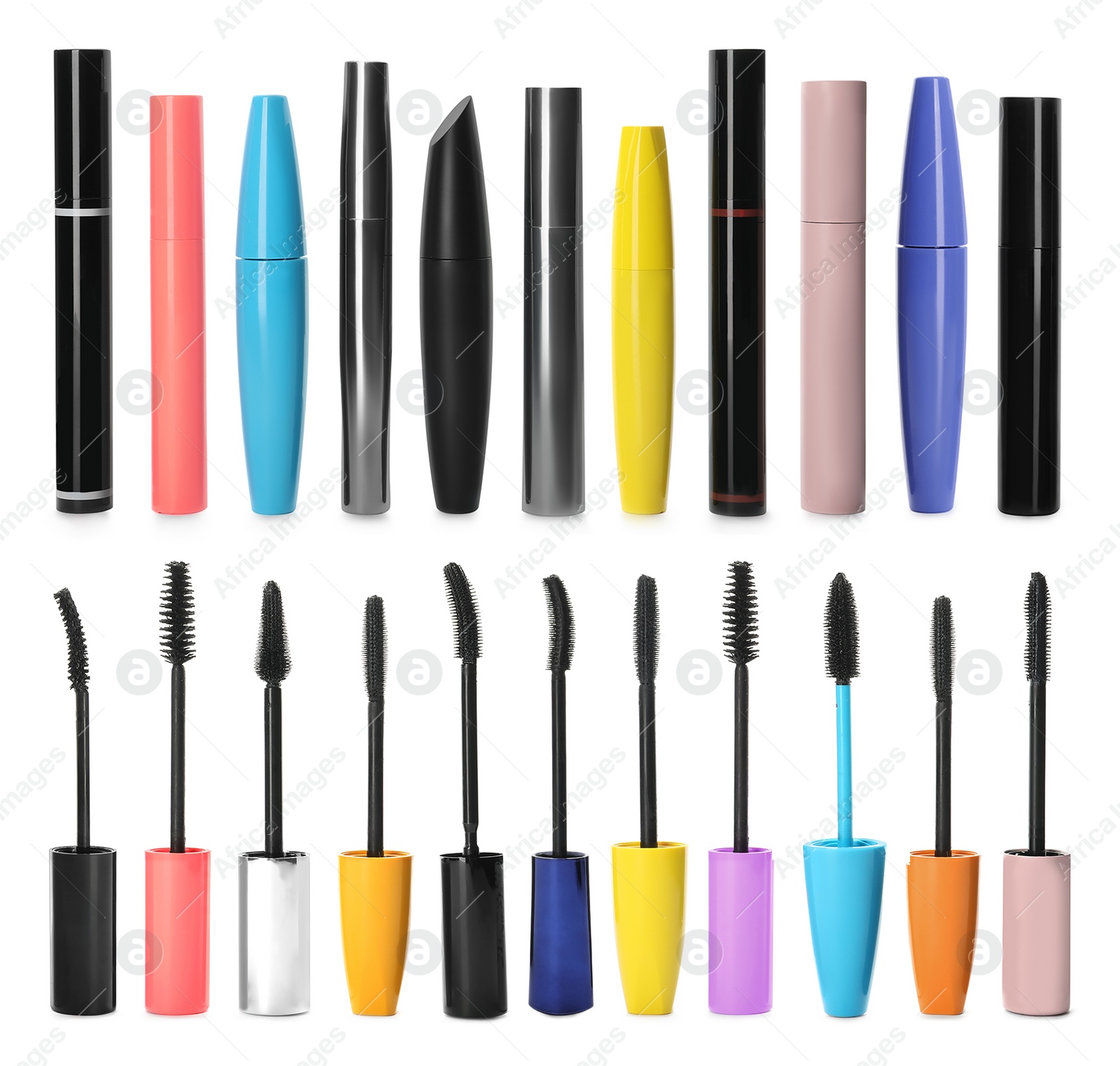 Image of Set with different mascaras on white background 