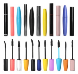 Image of Set with different mascaras on white background 